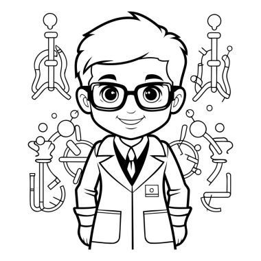Bilim ikonu seti olan bilim adamı çocuk çizgi filmi. Vektör illüstrasyon grafik tasarımı.