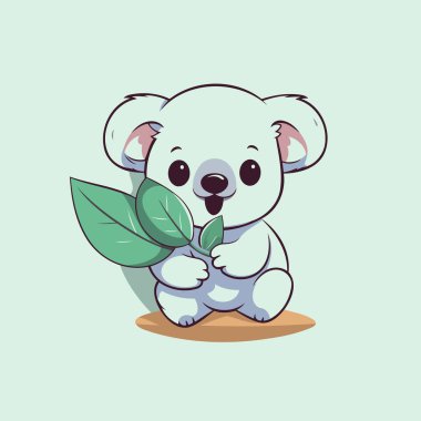 Yeşil yaprak tutan sevimli çizgi film koalası. Vektör illüstrasyonu.