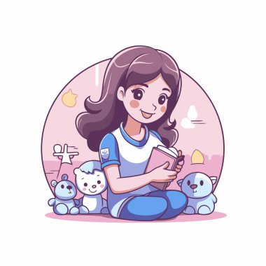 Elinde kitap olan tatlı bir kız. Vektör illüstrasyonu.