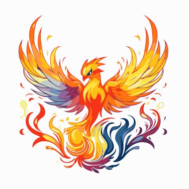 Beyaz arka planda kanatları ve ateşi olan bir kuş tasviri.