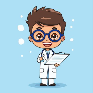 Steteskopu olan sevimli bir çocuk doktor. Vektör çizgi film karakteri çizimi.