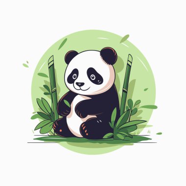 Bambu yapraklarının üzerinde oturan sevimli panda. Çizgi film tarzında vektör illüstrasyonu.