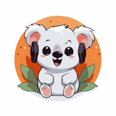 Yaprakların üzerinde duran sevimli koala çizgi filmi. Vektör illüstrasyonu.