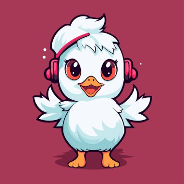 Kulaklıklı şirin çizgi film tavuğu. Mor arkaplanda vektör illüstrasyonu.