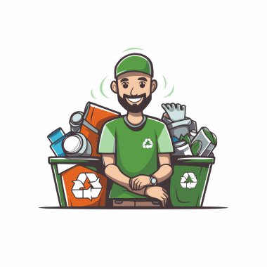 Çöpleri sıralayan bir adamın çizgi film çizimi. Geri dönüşüm kavramı.