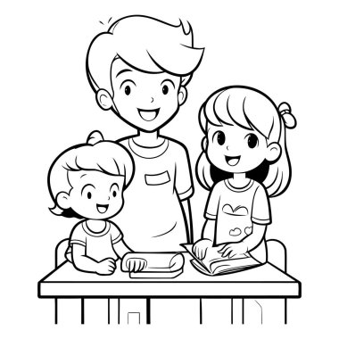 Okulda oğlu ve kızı olan mutlu bir aile. Siyah ve beyaz vektör çizimi.