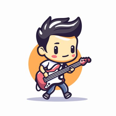 Gitar çalan çocuk. Sevimli çizgi film karakteri. Vektör illüstrasyonu.
