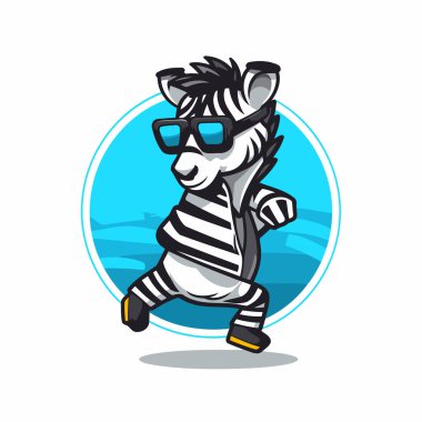 Çizgili kostümlü, güneş gözlüklü bir zebra. Maskot karakter vektör illüstrasyonu