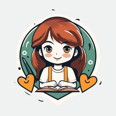 Etrafında kalpler olan bir kitap okuyan tatlı bir kızın vektör çizimi..
