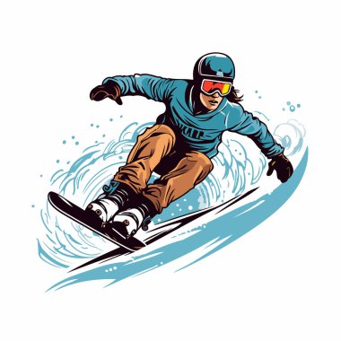 Beyaz arka planda atlayan snowboardcunun vektör çizimi. Kış sporu.