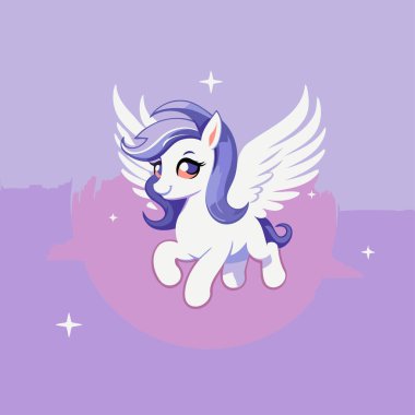 Mor arka planda kanatları olan şirin bir tek boynuzlu at. Vektör illüstrasyonu.