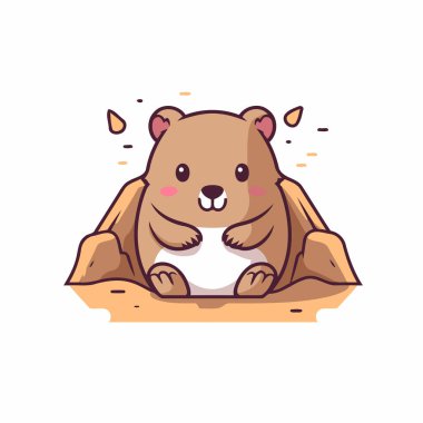 Kumsalda oturan sevimli kunduz. Çizgi film tarzında vektör illüstrasyonu.