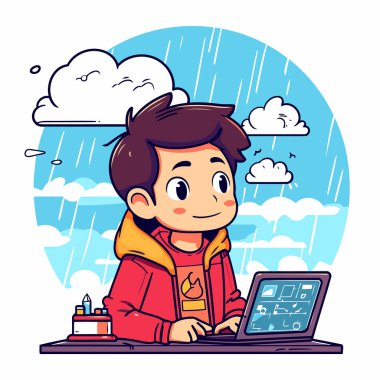 Laptop kullanan yağmurluk giyen yakışıklı çocuk. Çizgi film tarzında vektör illüstrasyonu