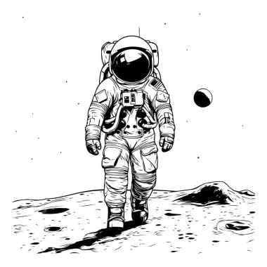Astronot Ay 'da. Siyah beyaz vektör illüstrasyonu.