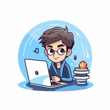 Dizüstü bilgisayarı ve kahvesi olan tatlı bir çocuk. Vektör illüstrasyonu.