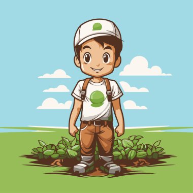 Tarlada duran sevimli çizgi film çiftçisi. Bir çiftçinin vektör çizimi