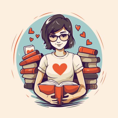 Kırmızı kalple kitap okuyan bir kızın vektör çizimi.