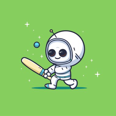 Yeşil arka planda beyzbol sopası olan sevimli bir astronot. Vektör illüstrasyonu.