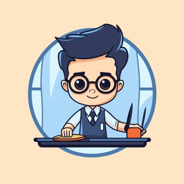 Restorandaki vektör çiziminde suşi yiyen yakışıklı çocuk grafik tasarımı yapıyor..