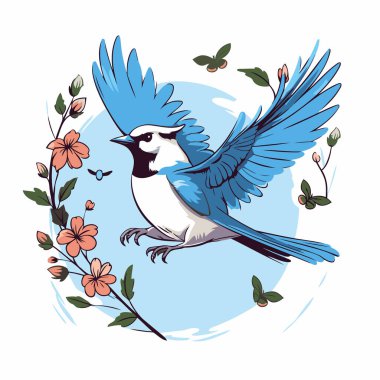 Blue tit bird with flowers and leaves cartoon icon vector illustration graphic design