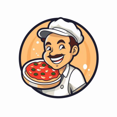 Pizza şefi maskotu. Web için pizza şefi maskotunun karikatür çizimi