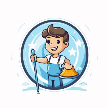 Elinde süpürgesi olan sevimli küçük bir çocuk. Vektör illüstrasyonu.