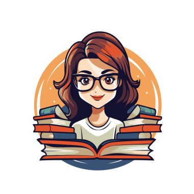 Daire şeklinde kitap okuyan gözlüklü bir kız öğrencinin vektör çizimi