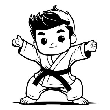 Karateci Çocuk - Siyah ve Beyaz Çizgi Film İllüstrasyonu. Vektör Karakteri