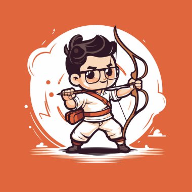 Ok ve yaylı aşk tanrısı. karikatür vektör çizimi turuncu arkaplanda izole edildi.