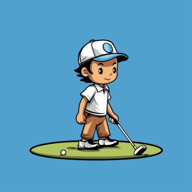 Küçük çocuk golf oynuyor. Vektör çizimi. Çizgi film tarzı. Mavi arkaplanda izole.