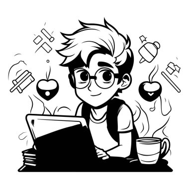 Dizüstü bilgisayarı ve kahvesi olan bir çocuk. Siyah ve beyaz vektör çizimi.