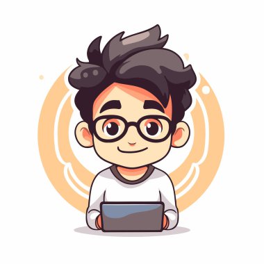 Laptop kullanan tatlı çocuk. Çizgi film tarzında vektör illüstrasyonu.