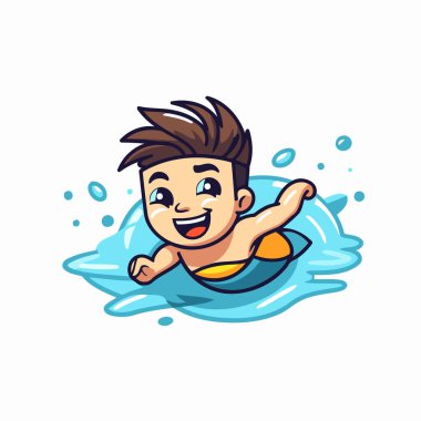 Havuzda yüzen şirin bir çocuk. Vektör çizgi film illüstrasyonu.