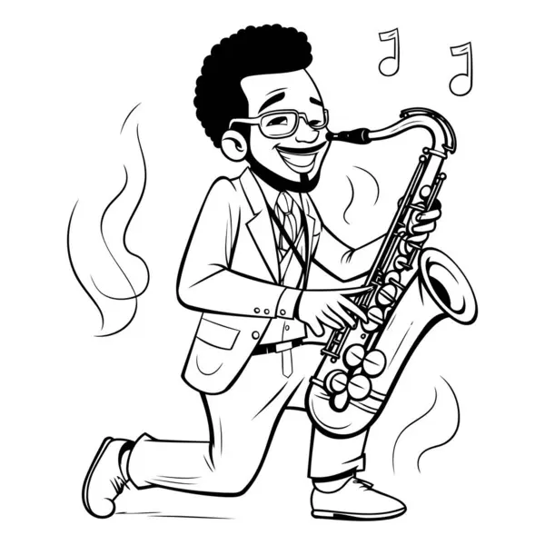 Jazzmusiker Som Spelar Saxofon Svart Och Vit Vektor Illustration — Stock vektor