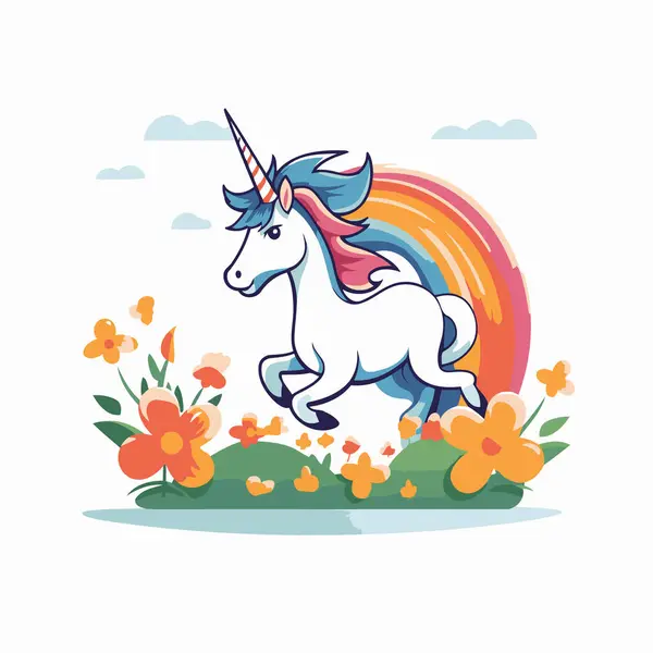 Unicornio Con Ilustración Vectorial Arco Iris Flores Lindo Animal Fantasía — Vector de stock