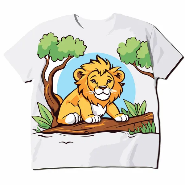 Diseño Estampado Camiseta Con Lindo León Dibujos Animados Sentado Rama — Vector de stock