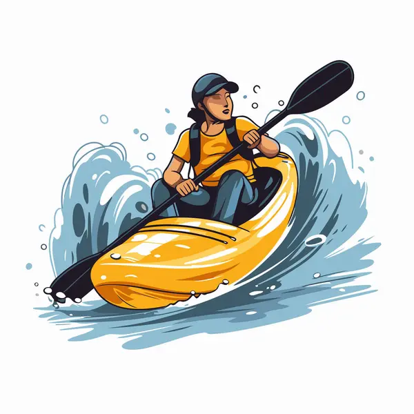 Homme Kayak Dans Mer Illustration Vectorielle Sur Fond Blanc — Image vectorielle