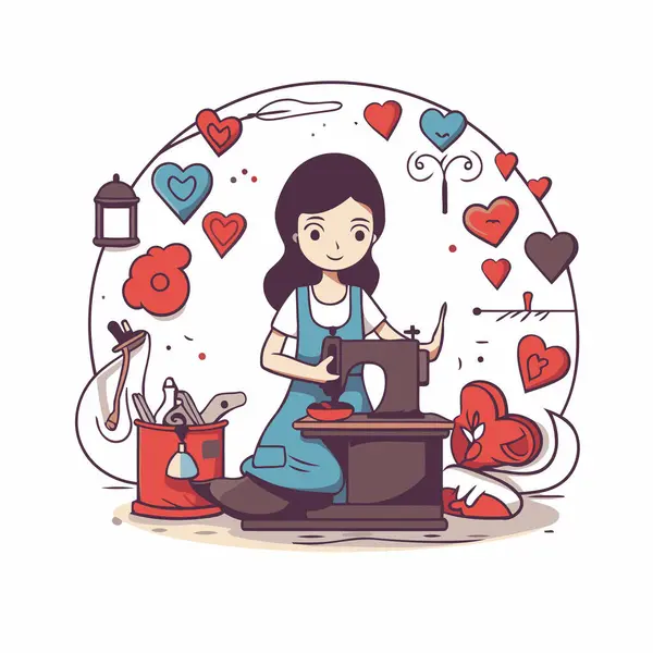 一个在打字机上工作的女孩的矢量图 她的心在身边 — 图库矢量图片