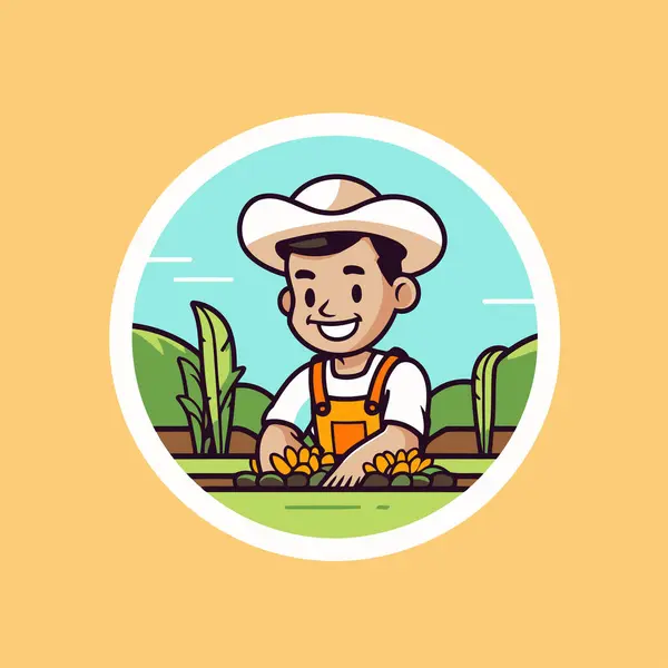 Illustrazione Vettoriale Agricoltore Felice Cappello Che Raccoglie Carote Nel Campo — Vettoriale Stock