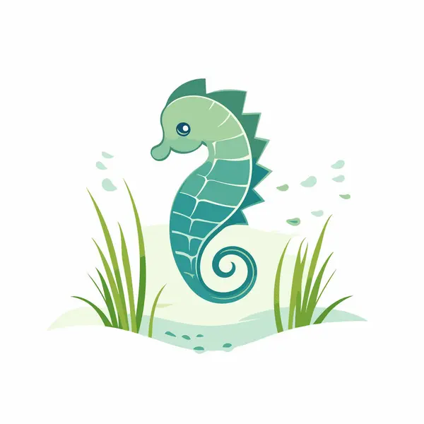 Stock vector Cute cartoon seahorse in the grass. Vector illustration.