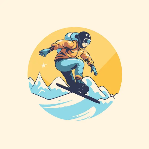 Snowboarder Springen Bergen Vector Illustratie Retro Stijl — Stockvector