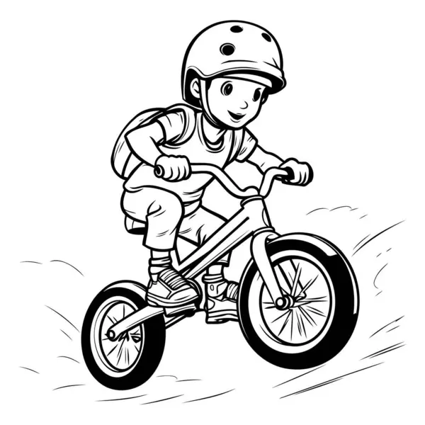 Motosikletli Bir Çocuk Siyah Beyaz Vektör Çizimi — Stok Vektör