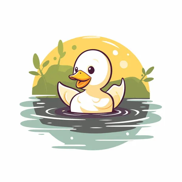 Cute Cartoon Duckling Swimming Pond Vector Illustration — Stock Vector