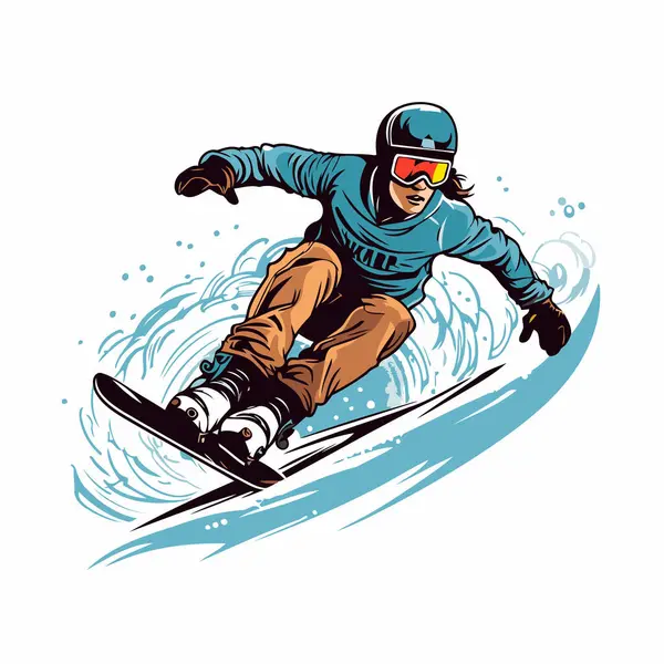 Beyaz arka planda atlayan snowboardcunun vektör çizimi. Kış sporu.