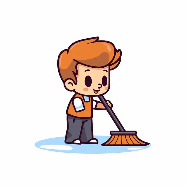 Cute Boy Cleaning Floor Broom Cartoon Vector Illustration — Stock Vector