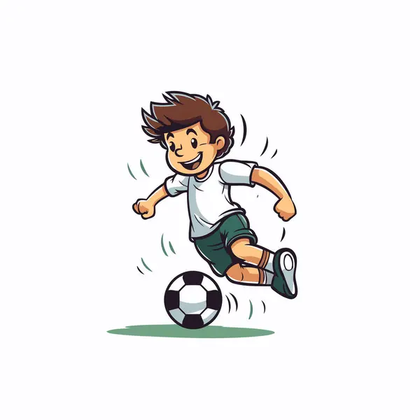 Jugador Fútbol Dibujos Animados Pateando Pelota Ilustración Vectorial Aislada Sobre — Vector de stock