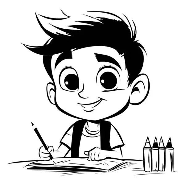 Cute Boy Student Black White Cartoon Illustration Vector — Stock Vector