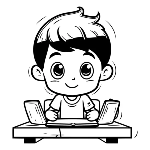 Black White Cartoon Illustration Cute Kid Boy Student Laptop Computer — Stock Vector