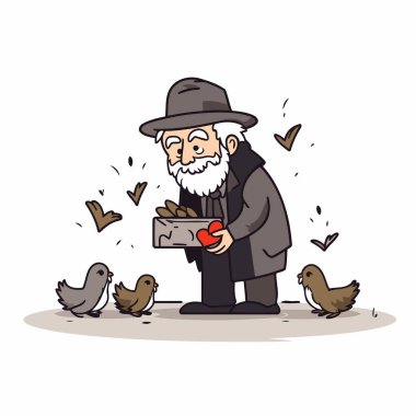 Elinde bir kutu yemek ve güvercin olan yaşlı bir adam. Vektör illüstrasyonu.