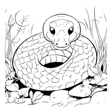 Çimlerdeki yılan boyama kitabı için siyah-beyaz vektör çizimi